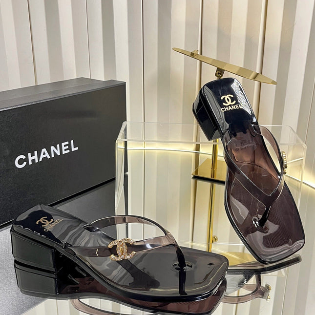 CHANEL 26S TRANSPARENT THONG SANDALS IN BLACK PVC