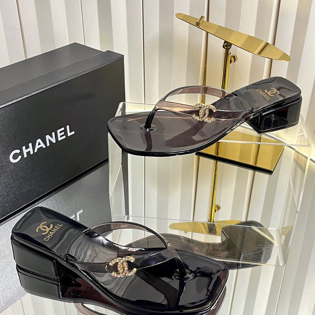 CHANEL 26S TRANSPARENT THONG SANDALS IN BLACK PVC