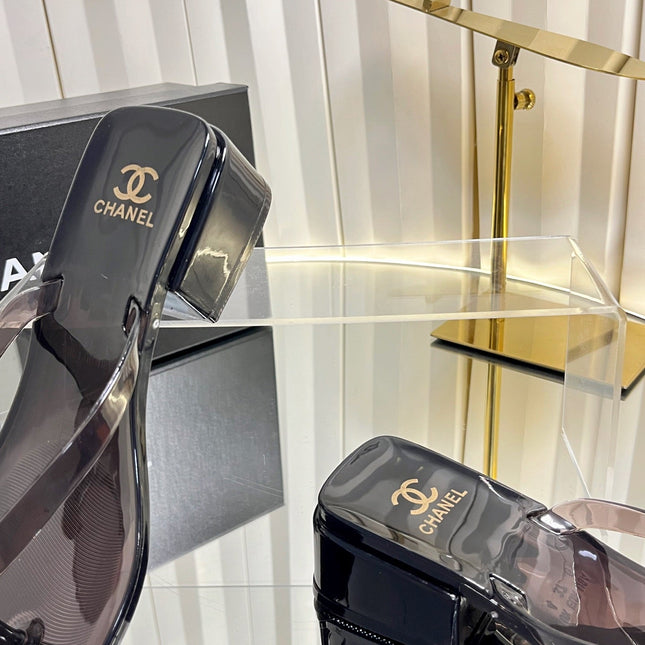 CHANEL 26S TRANSPARENT THONG SANDALS IN BLACK PVC