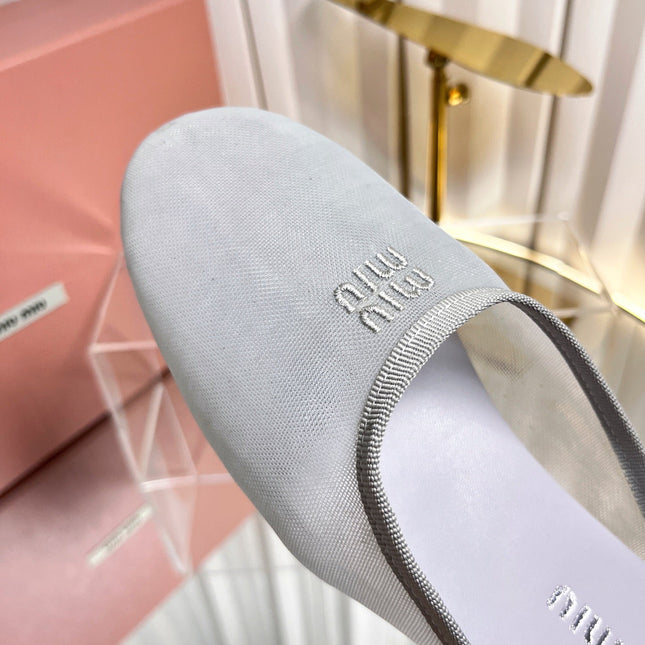 MIUMIU 26S FLAT MULES IN GREY FABRIC AND LEATHER