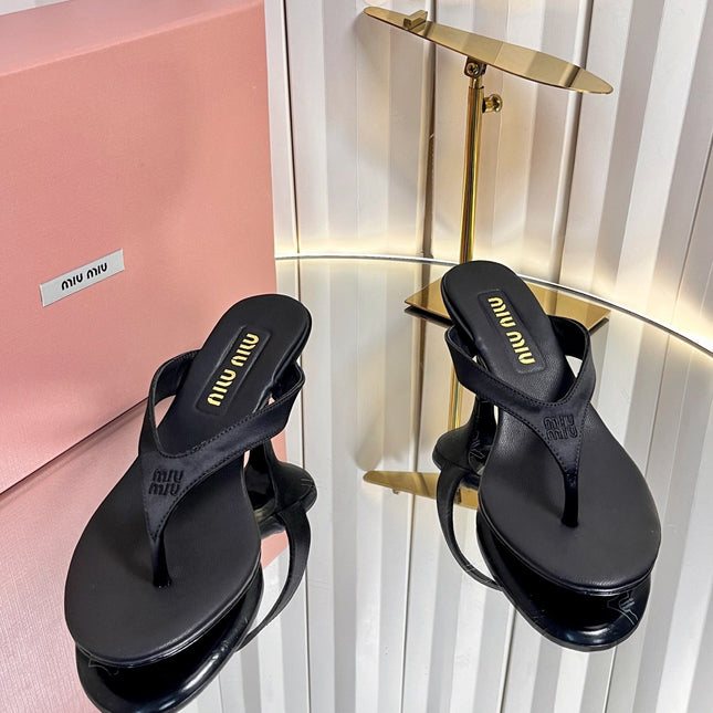 MIUMIU 26S THONG HEELED SANDALS 50 MM IN BLACK LAMBSKIN AND SATIN