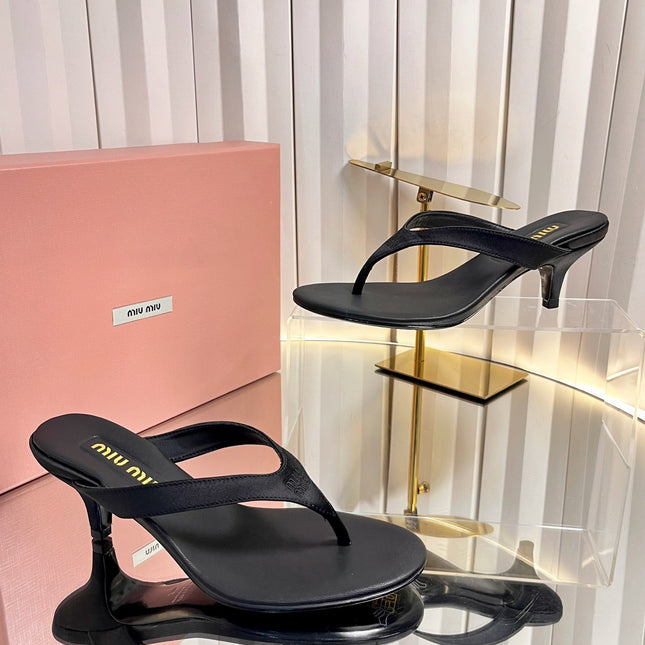 MIUMIU 26S THONG HEELED SANDALS 50 MM IN BLACK LAMBSKIN AND SATIN