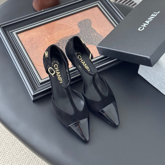 HIGH HEELS WAIST CUTTING IN BLACK SUEDE MIX GLOSSY