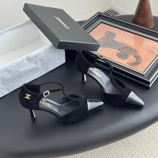 HIGH HEELS WAIST CUTTING IN BLACK SUEDE MIX GLOSSY