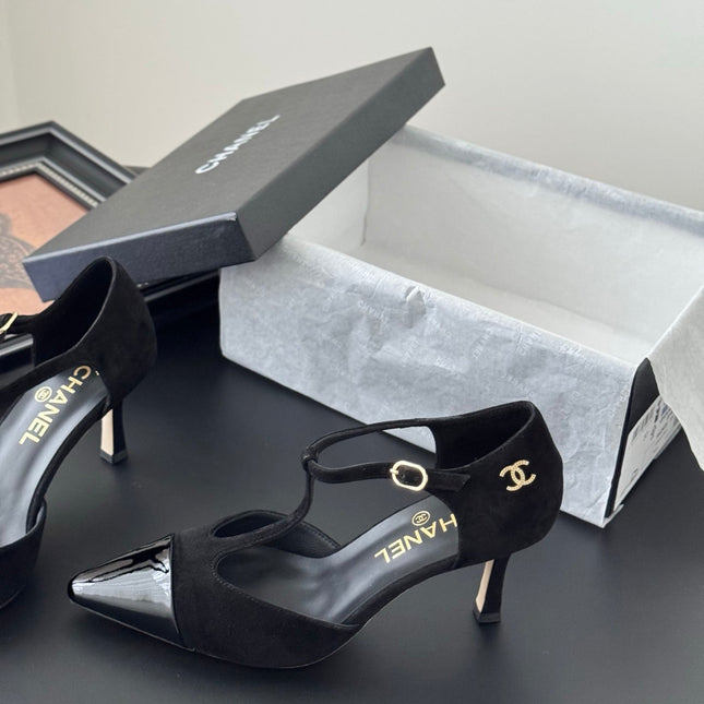 HIGH HEELS WAIST CUTTING IN BLACK SUEDE MIX GLOSSY