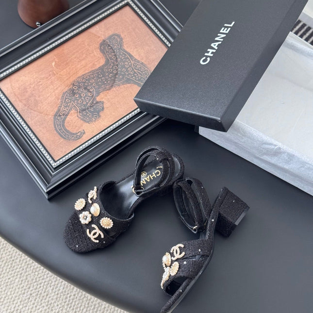 HIGH SANDALS IN BLACK TWEED WITH LOGO STICKER DETAIL