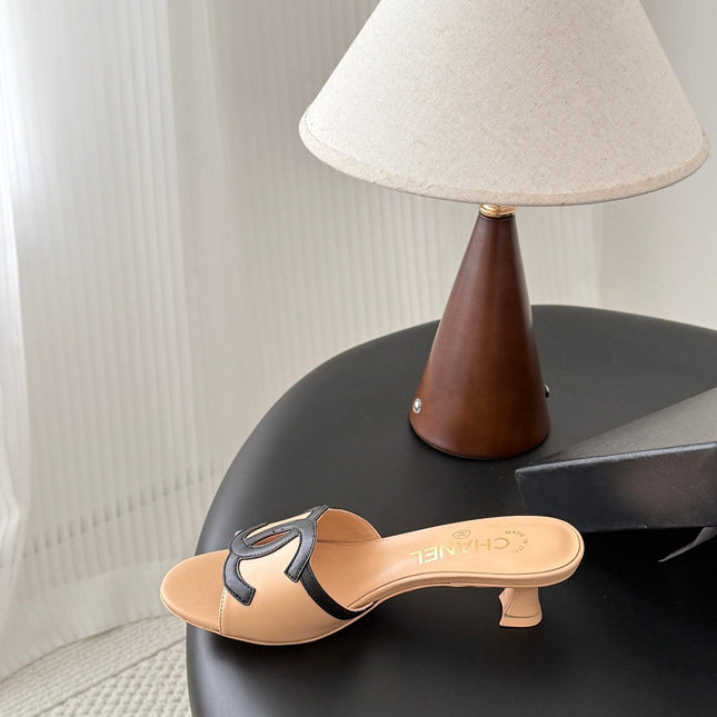 CHANEL HIGH MULES IN BEIGE MIX BLACK CALFSKIN