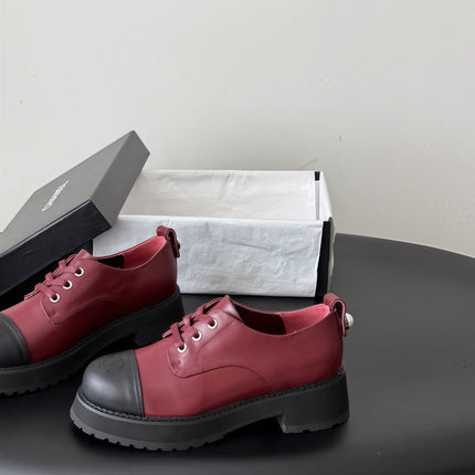 CHANEL 26S LACE UP PLATFORM IN BLACK AND RED CALFSKIN