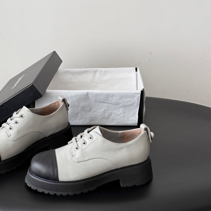 CHANEL 26S LACE UP PLATFORM IN BLACK AND GREY CALFSKIN