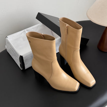 CHANEL 26S ANKLE BOOT 70 MM IN BEIGE CALFSKIN SQUARE TOE