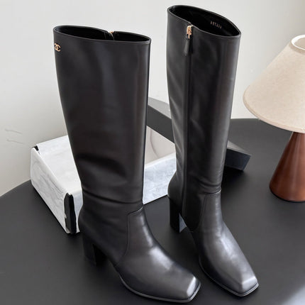 CHANEL 26S TALL BOOTS 70 MM IN BLACK CALFSKIN SQUARE TOE