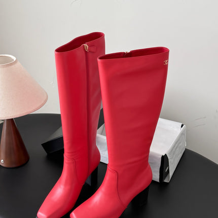 CHANEL 26S TALL BOOTS 70 MM IN RED CALFSKIN SQUARE TOE