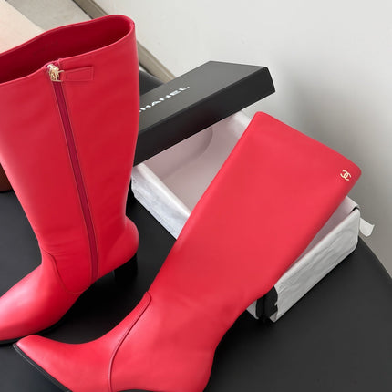 CHANEL 26S TALL BOOTS 70 MM IN RED CALFSKIN SQUARE TOE