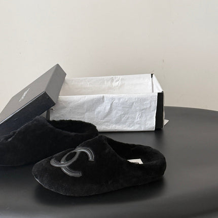 CHANEL 26S MULES IN BLACK SHEARLING LINING ROUND TOE
