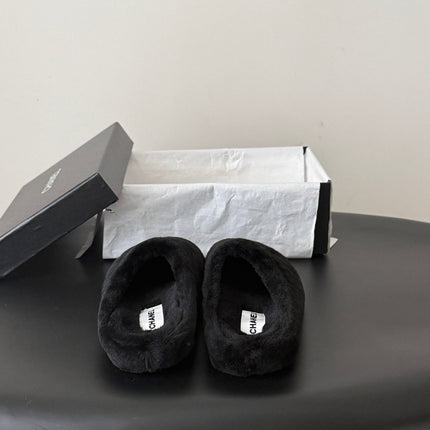 CHANEL 26S MULES IN BLACK SHEARLING LINING ROUND TOE