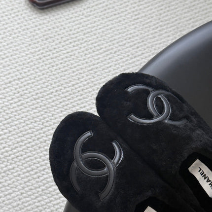 CHANEL 26S MULES IN BLACK SHEARLING LINING ROUND TOE