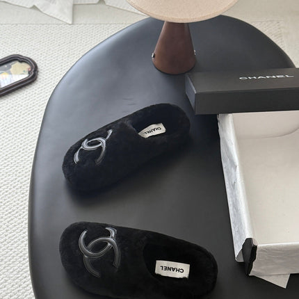 CHANEL 26S MULES IN BLACK SHEARLING LINING ROUND TOE