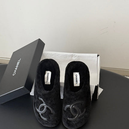 CHANEL 26S MULES IN BLACK SHEARLING LINING ROUND TOE