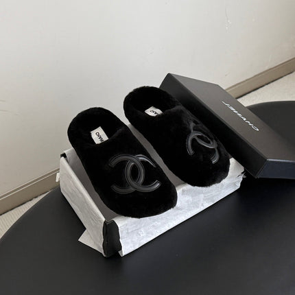CHANEL 26S MULES IN BLACK SHEARLING LINING ROUND TOE
