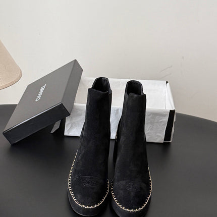 CHANEL 26S CHELSEA ANKLE BOOTS 70 MM IN BLACK SUEDE