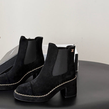 CHANEL 26S CHELSEA ANKLE BOOTS 70 MM IN BLACK SUEDE