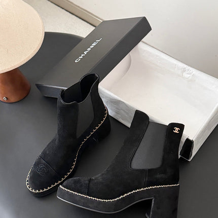 CHANEL 26S CHELSEA ANKLE BOOTS 70 MM IN BLACK SUEDE