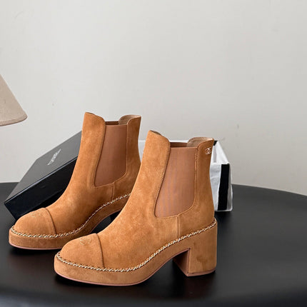 CHANEL 26S CHELSEA ANKLE BOOTS 70 MM IN BROWN SUEDE