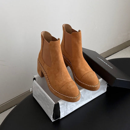 CHANEL 26S CHELSEA ANKLE BOOTS 70 MM IN BROWN SUEDE