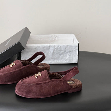 CHANEL 26S SLINGBACK LOAFERS IN BURGUNDY  SUEDE AND SHEARLING LINING
