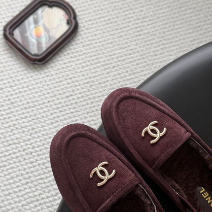 CHANEL 26S SLINGBACK LOAFERS IN BURGUNDY  SUEDE AND SHEARLING LINING