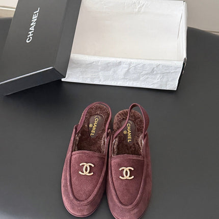 CHANEL 26S SLINGBACK LOAFERS IN BURGUNDY  SUEDE AND SHEARLING LINING
