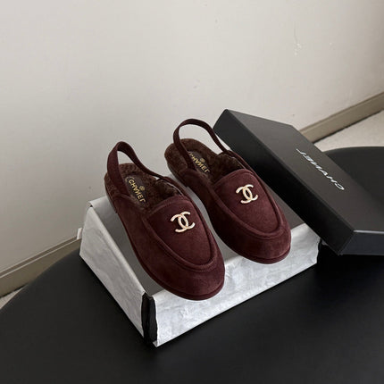 CHANEL 26S SLINGBACK LOAFERS IN BURGUNDY  SUEDE AND SHEARLING LINING
