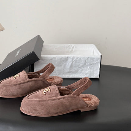 CHANEL 26S SLINGBACK LOAFERS IN TAUPE SUEDE AND SHEARLING LINING