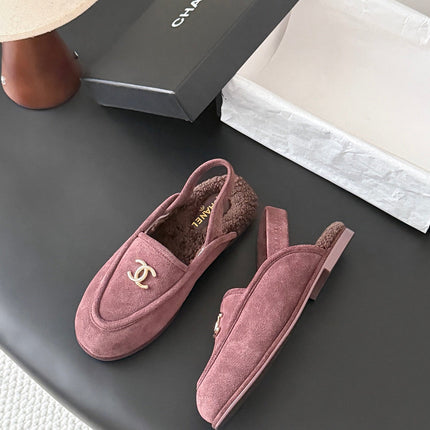 CHANEL 26S SLINGBACK LOAFERS IN PURPLE SUEDE AND SHEARLING LINING