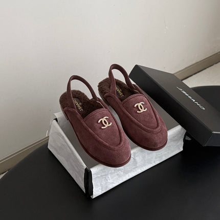 CHANEL 26S SLINGBACK LOAFERS IN PURPLE SUEDE AND SHEARLING LINING
