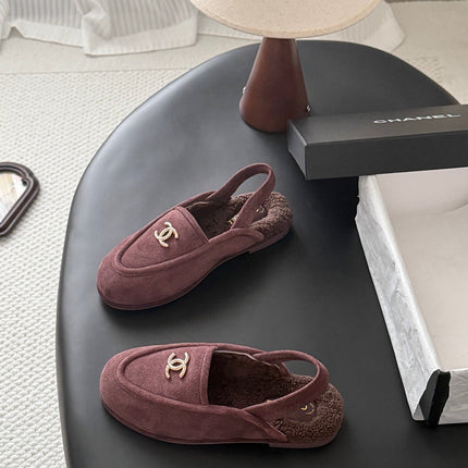 CHANEL 26S SLINGBACK LOAFERS IN PURPLE SUEDE AND SHEARLING LINING