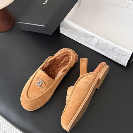 CHANEL 26S SLINGBACK LOAFERS IN BROWN SUEDE AND SHEARLING LINING