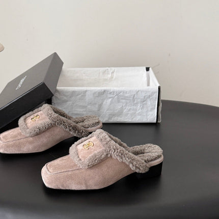 CHANEL 26S MULES IN GREY SHEARLING AND SUEDE