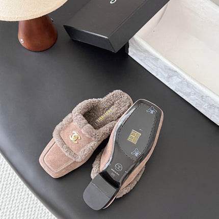CHANEL 26S MULES IN GREY SHEARLING AND SUEDE