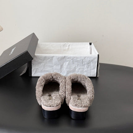 CHANEL 26S MULES IN GREY SHEARLING AND SUEDE