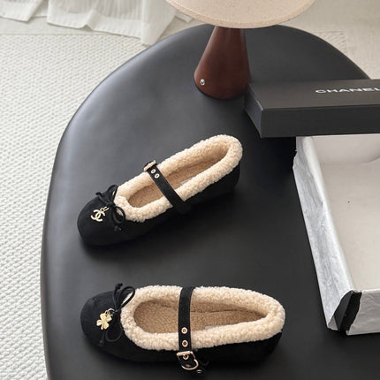 CHANEL 26S MARY JANE FLATS IN BLACK SUEDE AND SHEARLING