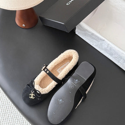 CHANEL 26S MARY JANE FLATS IN BLACK SUEDE AND SHEARLING