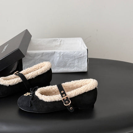 CHANEL 26S MARY JANE FLATS IN BLACK SUEDE AND SHEARLING