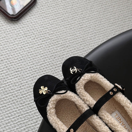 CHANEL 26S MARY JANE FLATS IN BLACK SUEDE AND SHEARLING