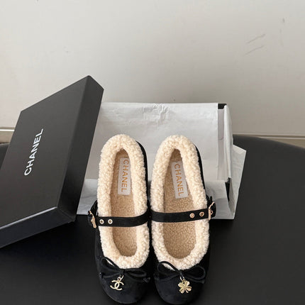 CHANEL 26S MARY JANE FLATS IN BLACK SUEDE AND SHEARLING
