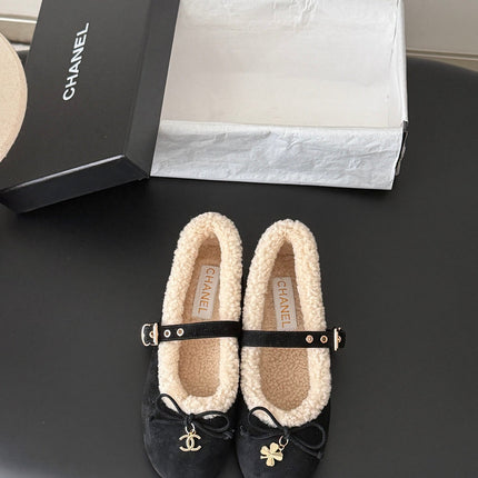 CHANEL 26S MARY JANE FLATS IN BLACK SUEDE AND SHEARLING