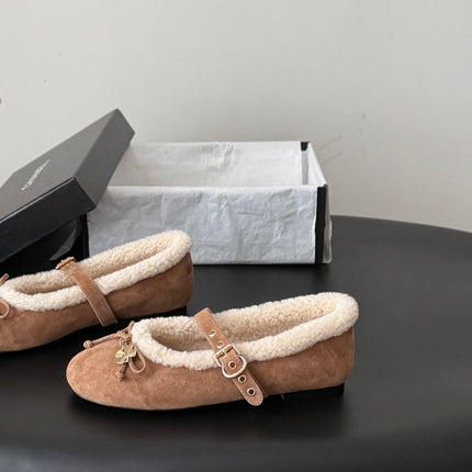 CHANEL 26S MARY JANE FLATS IN LIGHT BROWN SUEDE AND SHEARLING
