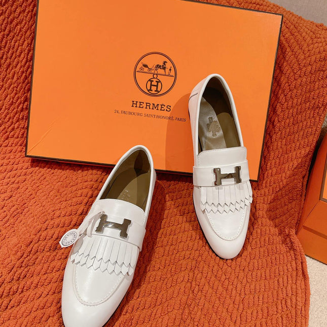 Destin Loafer White Goatskin with Fringe Detail