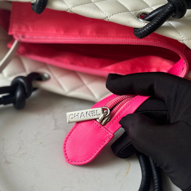 CHANEL 25S CAMBON LIGNE TOTE BAG 24 IN WHITE MIX BLACK CALFSKIN