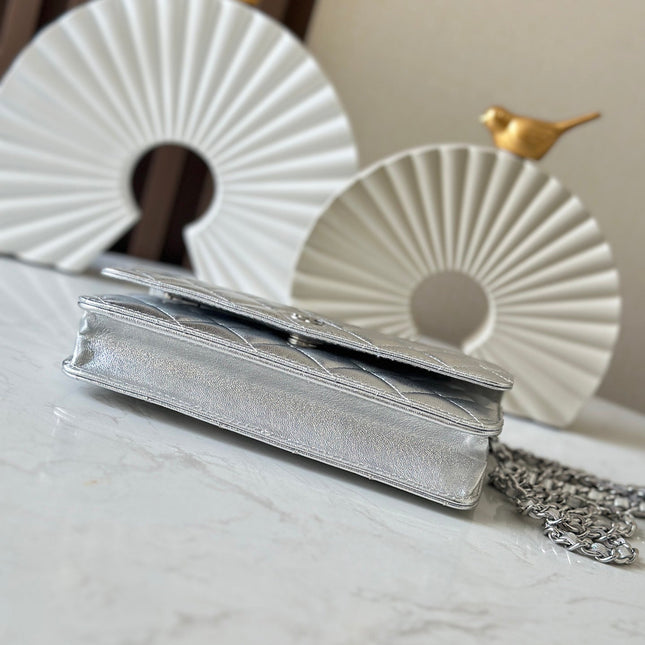 CHANEL 25S WALLET ON CHAIN 19 IN SILVER LAMBSKIN